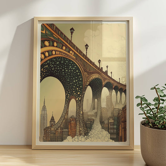 Biomorphic Art Nouveau Bridge Over City – Architectural Wall Art Print. Rahmen natur 30x40