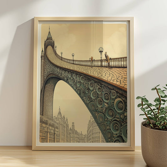 Phantasievolle Brücke mit Ornamenten und Stadtlandschaft, inspiriert von Jugendstil, in warmen Sepiatönen.. Rahmen natur 30x40