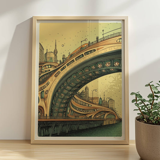 Futuristische Brücke mit geschwungenen Linien und architektonischen Details vor einer modernen Stadtlandschaft, in warmen Farbtönen.. Rahmen natur 30x40