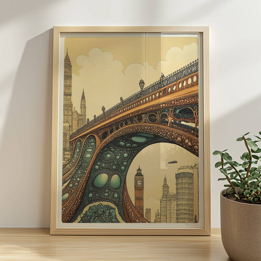 Futuristische Brücke mit organischen Strukturen und Ausblick auf Big Ben und Londoner Skyline, fantasievoll illustriert.. Rahmen natur 30x40