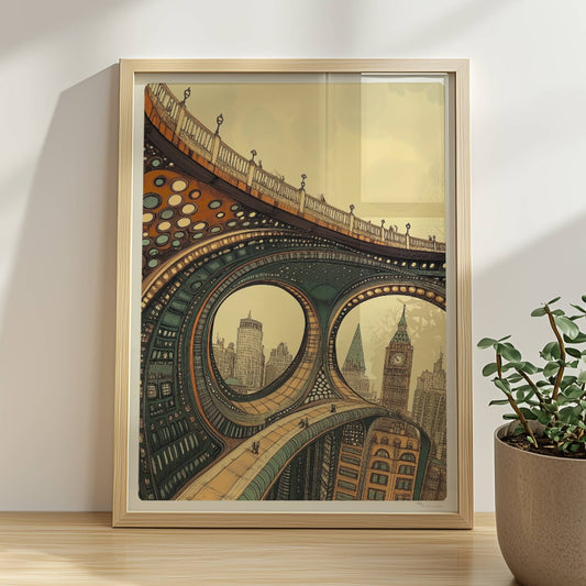 Abstrakte, futuristische Brücke mit geschwungenen Bögen, organischen Mustern und Blick auf Big Ben und moderne Stadtsilhouette.. Rahmen natur 30x40