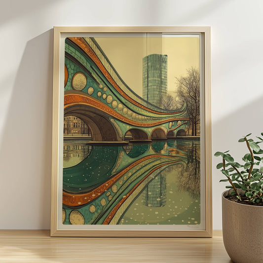 Futuristische Brücke mit organischen Bögen, leuchtenden Farben und Spiegelung im ruhigen Wasser vor moderner Stadtkulisse.. Rahmen natur 30x40