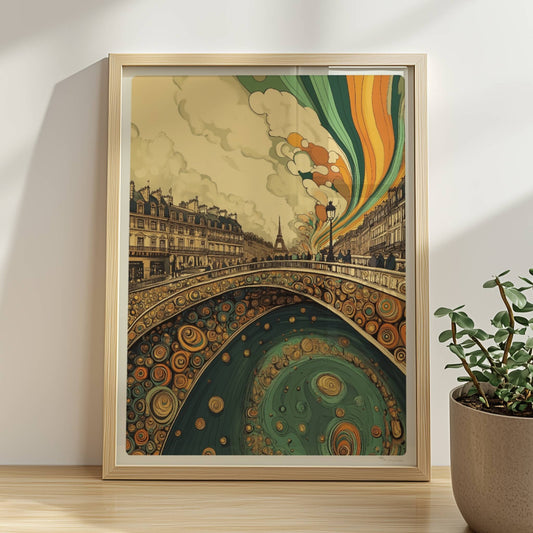 Pariser Brücke mit organischen Mustern, Blick auf den Eiffelturm und farbenfrohen Himmel im Jugendstil.. Rahmen natur 30x40