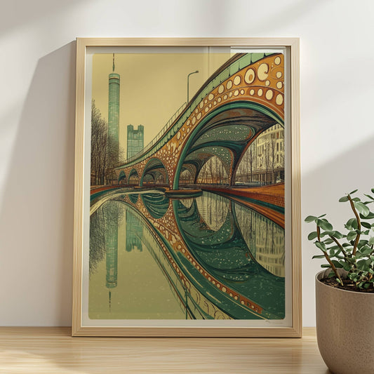 Moderne Brücke mit organischen Bögen und kreisförmigen Mustern, Spiegelung im Wasser und Stadtansicht im Hintergrund.. Rahmen natur 30x40