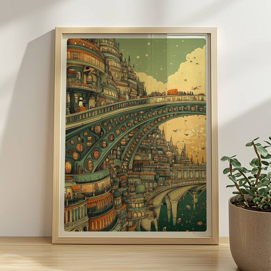 Futuristische Stadt mit monumentaler Brücke und organischen Bögen, umgeben von Türmen und Gebäuden im Abendlicht.. Rahmen natur 30x40