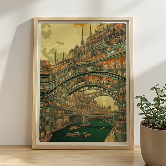 Mehrstöckige Brücken und verzierte Stadtarchitektur über einem Fluss mit Booten, im Stil eines fantasievollen Städtebildes.. Rahmen natur 30x40