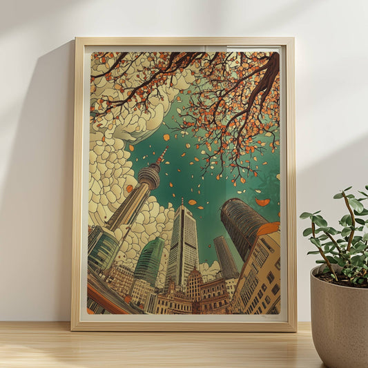 Blick nach oben auf Frankfurter Skyline mit modernen Hochhäusern, Fernsehturm und herbstlichen fallenden Blättern vor dramatischen Wolken.. Rahmen natur 30x40