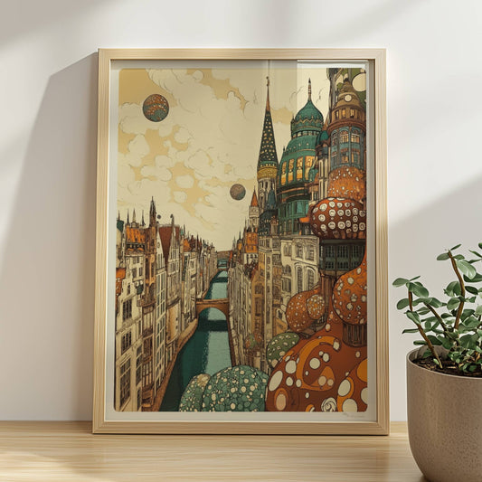 Fantasievolle Stadtansicht mit hohen, reich verzierten Türmen, malerischem Kanal und kugelförmigen Ornamenten vor wolkigem Himmel.. Rahmen natur 30x40