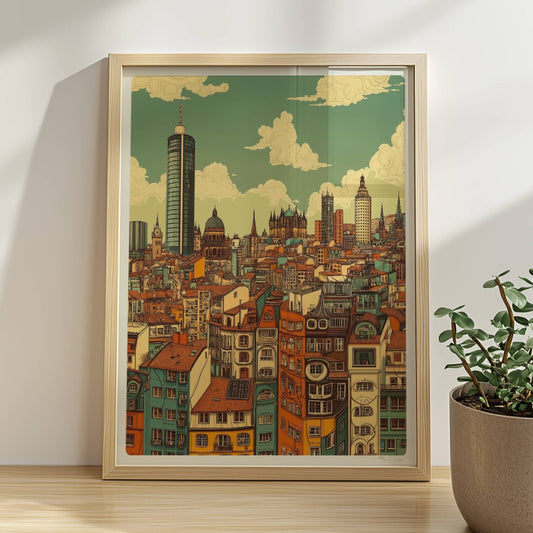 Europäische Fantasie-Skyline mit detailreichen, bunten Häuserfassaden und modernen wie historischen Türmen, inspiriert von europäischen Metropolen.. Rahmen natur 30x40