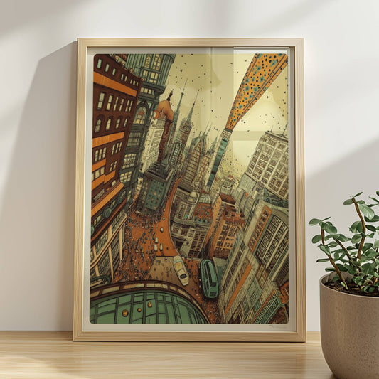 Belebte europäische Fantasy-Skyline mit hohen Gebäuden, geschwungenen Straßen, vielen Menschen und inspirierenden Architekturdetails – inspiriert von urbanem Großstadtleben.. Rahmen natur 30x40