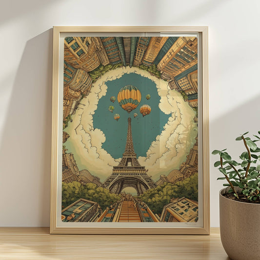 Pariser Skyline mit Eiffelturm im Zentrum, umgeben von hohen Gebäuden und Heißluftballons am Himmel in einer fantasievollen Szene.. Rahmen natur 30x40