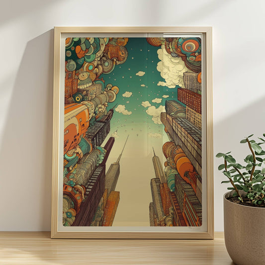 Europäische Fantasy-Skyline mit fantasievollen Hochhäusern, schwebenden geometrischen Formen und modernem Stadtambiente bei blauem Himmel.. Rahmen natur 30x40