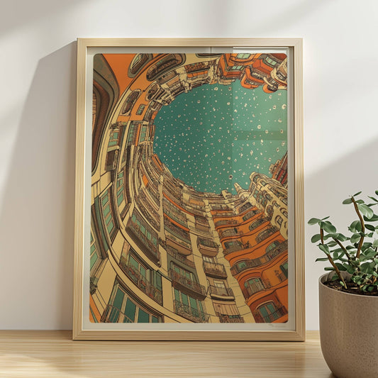 Europäischer Innenhof mit organisch geschwungenen Fassaden und Blick in einen blauen Himmel voller weißer Wolken, im Jugendstil-Stil.. Rahmen natur 30x40