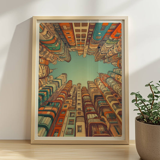 Fantasievolle europäische Hochhäuser mit kunstvollen Fassaden, die in den Himmel ragen und einen sternförmigen Blick zum Himmel freilassen, inspiriert von moderner europäischer Architektur.. Rahmen natur 30x40