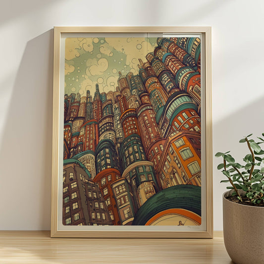 Kreative europäische Skyline mit vielen fantasievoll gestalteten Hochhäusern und Gebäuden, inspiriert von modernen und historischen europäischen Städten.. Rahmen natur 30x40