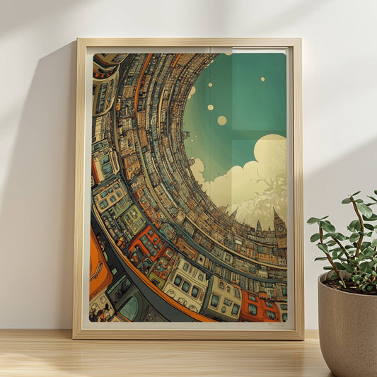 Fantasievolle Skyline mit geschwungenen Gebäuden, Großstadt in gebogener Perspektive und ikonischen Wahrzeichen wie Big Ben, inspiriert von europäischer Architektur.. Rahmen natur 30x40