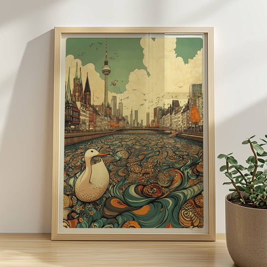 Europäische Skyline mit Berliner Fernsehturm, fantasievoller Fluss mit Ornamenten und einer weißen Ente im Vordergrund, inspiriert von Berlin.. Rahmen natur 30x40