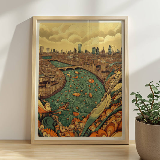 Fantasievolle Skyline von London mit Themse, reich verzierten Ufern, Booten und den berühmten Wolkenkratzern der Stadt, inspiriert von London.. Rahmen natur 30x40
