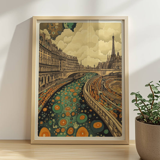 Fantasievolle Pariser Skyline mit Eiffelturm, geschwungenem Fluss und farbenfrohen Mustern, inspiriert von Paris.. Rahmen natur 30x40