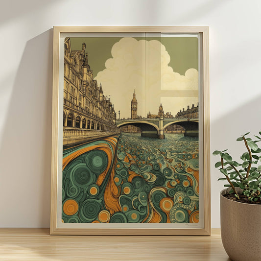 Europäische Skyline mit Big Ben, fantasievoller Fluss in Türkis und Orange, detailreichen Gebäuden und Wolken.. Rahmen natur 30x40