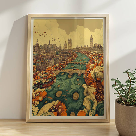 Europäische Skyline mit Big Ben, fantasievolle Flusslandschaft in Türkis und Orange, detailreiche Gebäude und Blumenformen im Vordergrund.. Rahmen natur 30x40