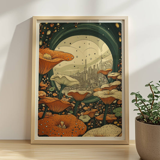 Fantasievolle Stadtansicht durch ein grünes Portal, umgeben von großen orange-weißen Blumen und stilisierten Pflanzen.. Rahmen natur 30x40