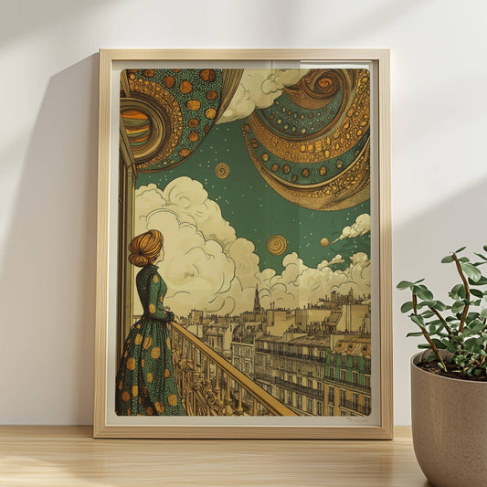 Frau in geblümtem Kleid steht auf einem Balkon und blickt über Pariser Dächer in einen fantasievollen Himmel mit großen, goldenen, spiralförmigen Planeten.. Rahmen natur 30x40