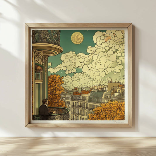 Mann mit Brille steht auf einem kunstvoll verzierten Balkon und blickt über herbstliche Dächer einer europäischen Stadt, große Wolken und ein goldener Mond am Himmel.. Rahmen natur 30x30
