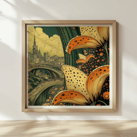 Riesige orange-gelbe Lilienblüten im Vordergrund rahmen eine fantasievolle Stadtansicht mit geschwungenen Brücken und historischer Skyline ein.. Rahmen natur 30x30