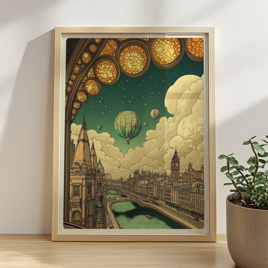 Fantastische europäische Skyline mit Fluss, Heißluftballons am Himmel und kunstvollem Bogenfenster im Vordergrund, inspiriert von klassischen Stadtansichten.. Rahmen natur 30x40