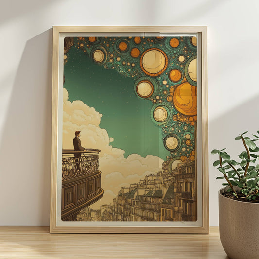 Mann auf Balkon mit Blick auf eine fantastische europäische Skyline, über ihm leuchten stilisierte goldene Blasen am Himmel – inspiriert von Stadtansichten und Traumwelten.. Rahmen natur 30x40