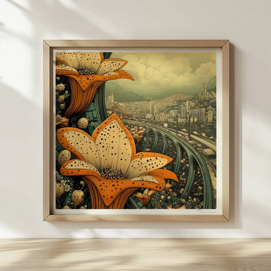 Große orange-gelbe Lilienblüten im Vordergrund, dahinter eine fantasievolle europäische Skyline mit geschwungenen Brücken und modernen Hochhäusern, im Stil eines Tagtraums.. Rahmen natur 30x30