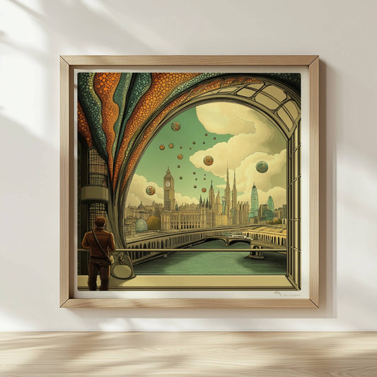 Mann mit Umhängetasche steht am Fenster und blickt auf eine futuristische europäische Skyline mit schwebenden Kugeln und kunstvollen Strukturen.. Rahmen natur 30x30