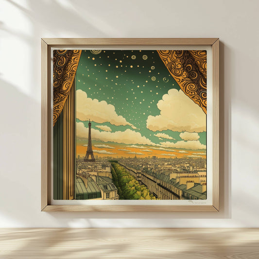 Blick aus einem kunstvoll gerahmten Fenster mit goldenen Vorhängen auf den Eiffelturm, eine Pariser Straße und einen Himmel voller Sterne und Spiralen.. Rahmen natur 30x30