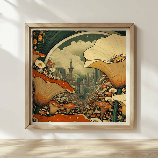 Fantasievolle Stadtansicht durch ein Blumenfeld, mit großen orange-weißen Blüten im Vordergrund und futuristischen Türmen im Hintergrund.. Rahmen natur 30x30