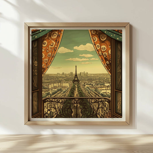Ausblick vom Balkon mit dekorativen Vorhängen auf die Pariser Skyline und den Eiffelturm, warme Retrofarben und stilvolle Details.. Rahmen natur 30x30