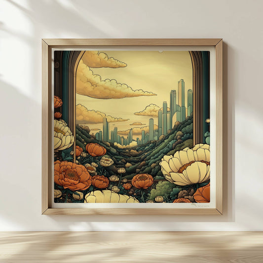 Ausblick durch einen großen Bogen auf futuristische Skyline zwischen bewaldeten Hügeln, Blumenwiese im Vordergrund, warme goldene Farbtöne.. Rahmen natur 30x30