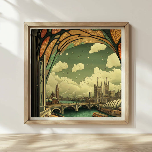 Ausblick durch ein Jugendstil-Fenster auf eine europäische Skyline mit Brücke, Fluss und markanten Gebäuden, verspielte Ornamentik im oberen Fensterbereich.. Rahmen natur 30x30