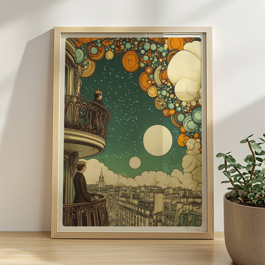 Zwei Männer auf Pariser Balkonen, über ihnen ein fantasievoller Sternenhimmel mit großen, bunten Kugeln und Wolken, Ausblick auf die Stadt.. Rahmen natur 30x40