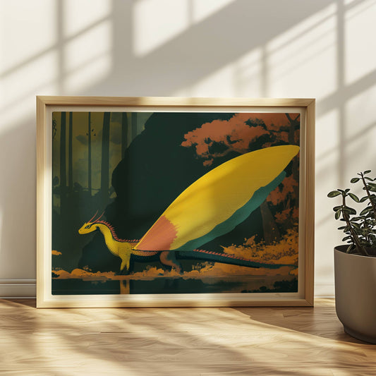 Fantasie-Drache mit leuchtenden Schmetterlingsflügeln steht am Waldrand, goldenes Licht und mystische Atmosphäre.. Rahmen natur 40x30