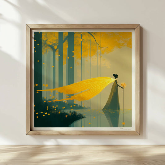Fantasie-Fee mit leuchtenden Schmetterlingsflügeln steht im märchenhaften, goldgelben Wald am Wasser.. Rahmen natur 30x30