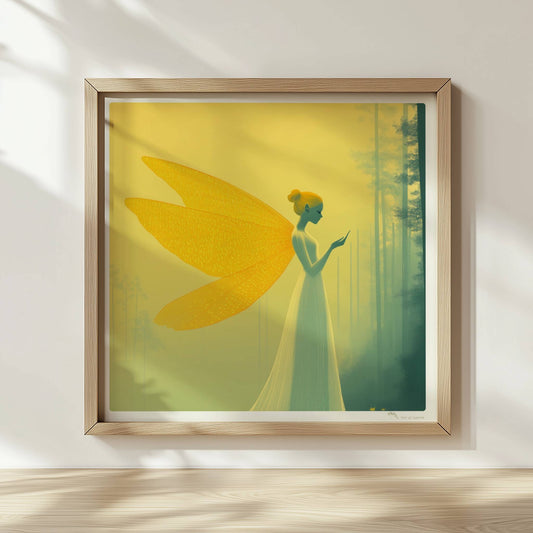 Fee mit großen, goldenen Schmetterlingsflügeln in einem mystischen gelben Wald, elegant und verträumt, im Profil stehend.. Rahmen natur 30x30