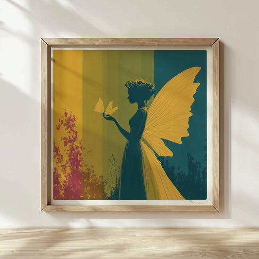 Fee mit gelben Schmetterlingsflügeln, Blumenkranz und Schmetterling auf der Hand vor einem farbigen, geteilten Hintergrund im Wald, verträumt und märchenhaft.. Rahmen natur 30x30