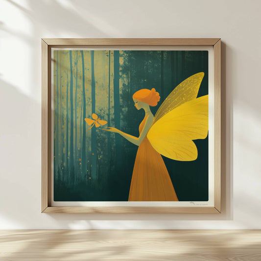Fee mit goldgelben Schmetterlingsflügeln und orangefarbenem Kleid, hält einen Schmetterling im verträumten Märchenwald, Licht fällt durch hohe Bäume.. Rahmen natur 30x30