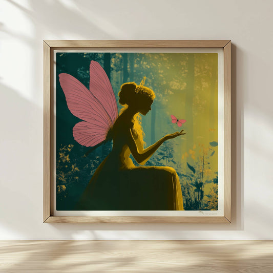 Fee mit rosa Schmetterlingsflügeln sitzt verträumt im sonnendurchfluteten Märchenwald, ein rosa Schmetterling landet auf ihrer Hand, umgeben von Blumen.. Rahmen natur 30x30
