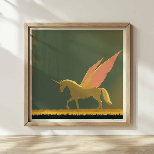 Einhorn mit rosa Schmetterlingsflügeln galoppiert anmutig durch einen sonnigen, mystischen Wald.. Rahmen natur 30x30