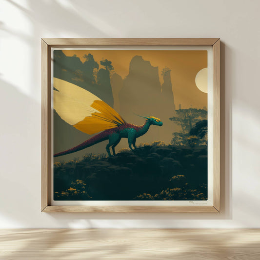 Fantasiedrache mit weißen und goldgelben Schmetterlingsflügeln steht auf einem Felsen vor nebeligen Bergen und Sonnenaufgang.. Rahmen natur 30x30