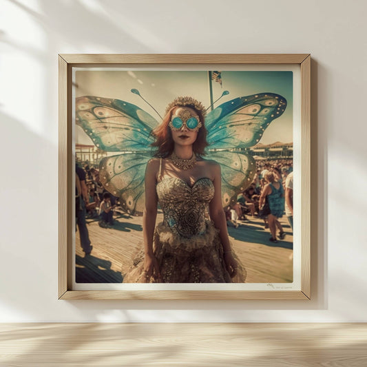 Fantasievolle Fee mit blauen Schmetterlingsflügeln und glitzerndem Kleid auf einem Festival, umgeben von Menschenmengen im Sonnenschein.. Rahmen natur 30x30