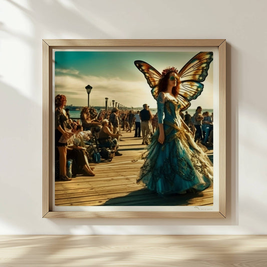 Frau in farbenfrohem Schmetterlingskostüm mit großen Flügeln als Cosplayerin auf einem Festival, umgeben von Besuchern auf einem sonnigen Pier.. Rahmen natur 30x30