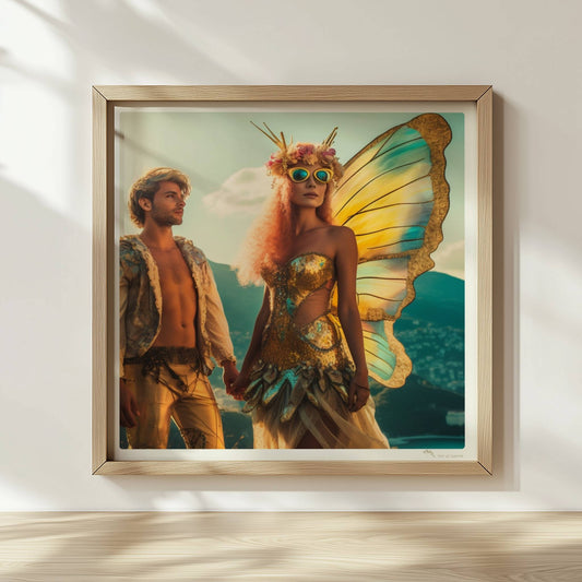 Ein Paar in fantasievollen Schmetterlingskostümen mit funkelnden Flügeln, stehend Hand in Hand auf einem Festival mit Aussicht auf die Berge und Stadt.. Rahmen natur 30x30